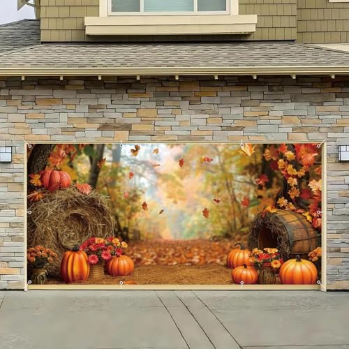 16X7ft Fall Garage Door Cover Decorations Autumn Pumpkin Rustic Harvest Family Holiday Decor Maple Leaves Harvest Party Party Outdoor Indoor Cover - Image 6