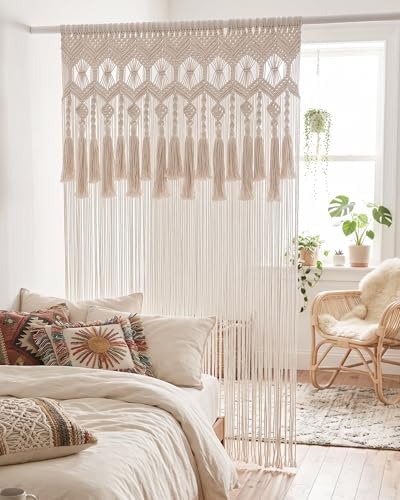BECHAEO Boho Handmade Macrame Curtain with Tassels, 1PC 39" x 79" White A - Image 7