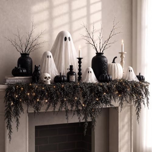 Wavwavw 5 ft Black Halloween Garland with Lights for Mantle Gothic Decor by Wavwavw