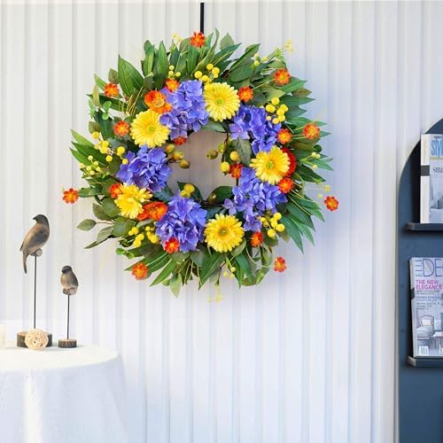 Spring Summer Wreaths for Front Door, Soomeir 24 Inch Door Wreath with Blue Hydrangea, Daisy and Poppies, for All Seasons Outside Indoor Outdoor Home Farmhouse Wedding - Image 5