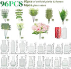 WARMALL Artificial Flowers with Vases, 16 Pcs Bud Vases, & 81 Pcs Artificial Plants DIY Set Suitable for Centerpieces Table Weddings Party Office and Indoor Decor Mini Small Glass Clear(White) - Image 2