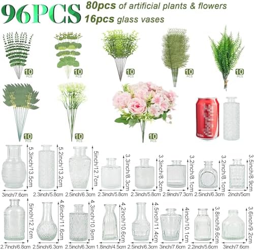 WARMALL Artificial Flowers with Vases, 16 Pcs Bud Vases, & 81 Pcs Artificial Plants DIY Set Suitable for Centerpieces Table Weddings Party Office and Indoor Decor Mini Small Glass Clear(White) - Image 2