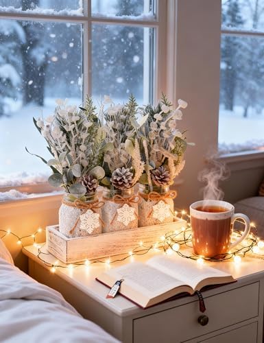Winter Centerpieces for Tables, Table Decor with Mason Jar, Flowers Picks, Farmhouse Wood Tray, Snowflake Sign, 22 Pcs Christmas Winter White Wonderland Table Decorations Centerpieces for Home - Image 5