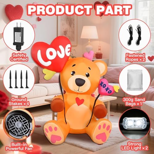 5 FT Valentines Inflatables Outdoor Decorations, Blow up Valentine's Day Love Bear Yard Decor with Hearts, Built-in LED Lights Valentine Holiday Decorations for Outside Lawn Garden Wedding Indoor - Image 5