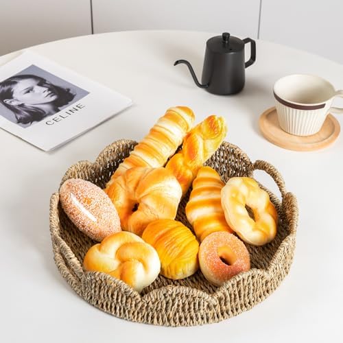 Scalloped Serving Tray, 13.8" Woven Round Table Decor Tray, Wicker Rattan Basket with Handles, Natural Seagrass Tray for Room Decor, Set of 2 - Image 5