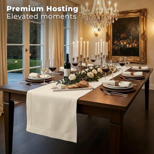 Signature Linen™ by D'Moksha, Ivory Table Runner 120 Inches Long, 100% Pure Linen, Hemstitch, 14 x 120 Inch Table Runner for Dresser, Dining- Fall, Weddings, Outdoor Hosting - Image 3