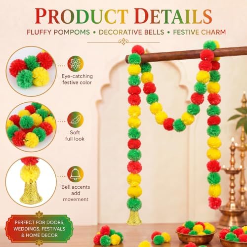12 Pcs Marigold Artificial Garland 5 ft with Gold Bells for Diwali - Image 3