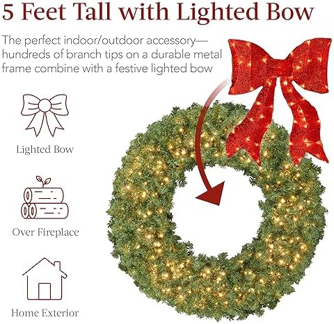Best Choice Products 60in Large Artificial Pre-Lit Fir Christmas Wreath Holiday Accent Decoration for Door, Mantel w/Red Lighted Bow, 375 LED Lights, 930 PVC Tips, Power Plug-in - Image 3