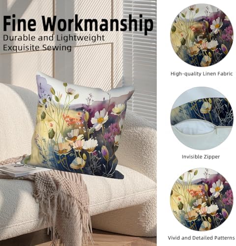 4 Pcs/Set Flowers Pillow Covers Spring Summer Colorful Floral Green Leaves Gradient Color Plants Minimalist Natural Scenery Linen Cushion Case for Couch Sofa Bedroom, 26"x26" - Image 2