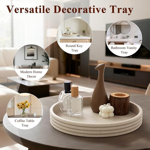 Round Decorative Tray, Modern Coffee Table Tray Decor 11" Resin Beige Tray - Image 5