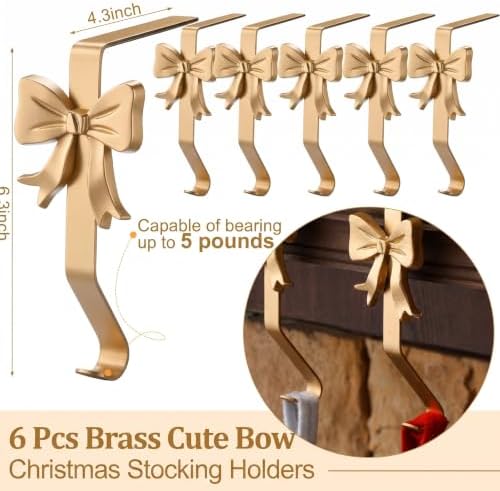 Shimeyao 8 Pcs Brass Bow Christmas Stocking Holders, Vintage Mantle Hooks - Image 3