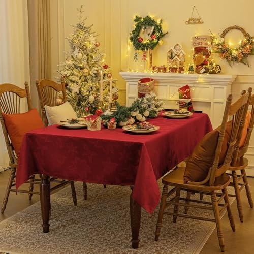 Softalker Christmas Jacquard Tablecloth, Winter Vintage Damask Rectangle Table Cover, Waterproof Poinsettia Snowflakes Polyester Table Cloths Decor for Holiday, Dining, Party - 60 x 120 inch, Red - Image 5