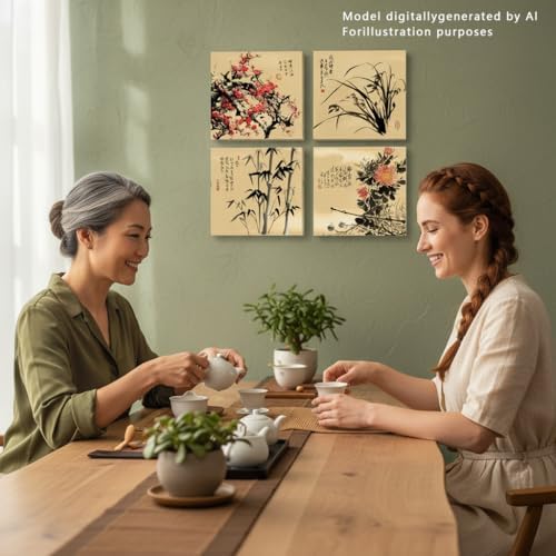 4 Pcs Chinese Canvas Wall Art Decor, Plum Bamboo Orchid, 12x12 Inch Framed - Image 4
