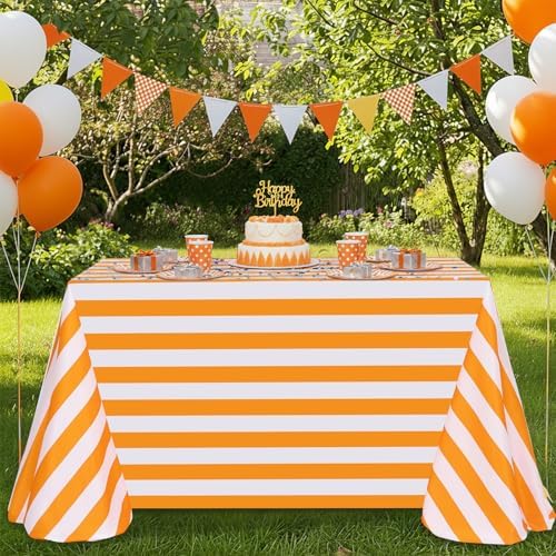Fanqisi 2 Packs Tangerine Striped Tablecloth 57 x 84 Inch Waterproof Table Cloth Rectangle Table Cover for Birthday Baby Shower Wedding Outdoor Summer Party Decoration - Image 6