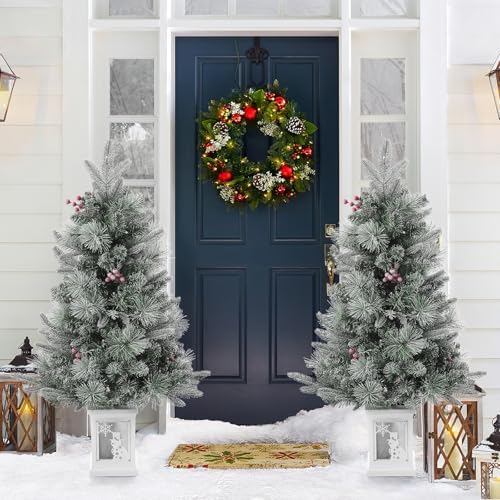 GAOMON 3ft Prelit Snow Flocked Christmas Tree with White Snowman Box Base - Image 6