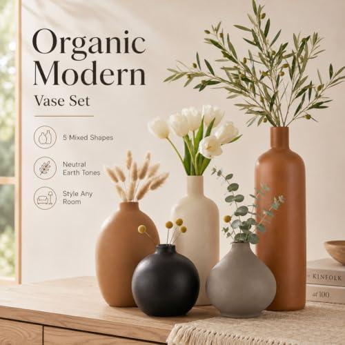 Ceramic Vase Set of 5, Modern Vases Home Decor, Neutral Decorative Vases for Pampas Grass Dried Fresh Flowers, Small Vase Set for Living Room Kitchen Bedroom Bathroom Entryway Mantel Decor - Image 3