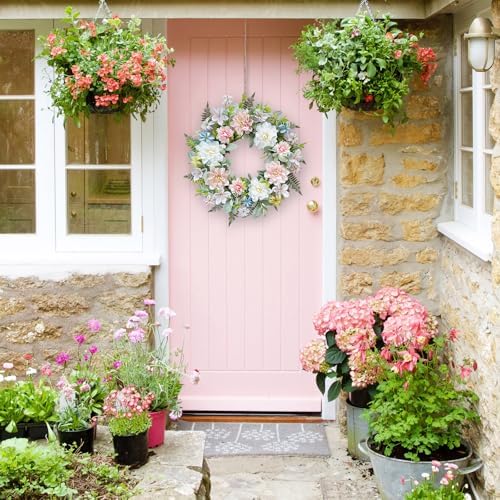 22 Inch Artificial Dahlia Wreaths for Front Door, Spring Summer Wreath with Eucalyptus, Fern & Lamb's Ear Leaves, Farmhouse Floral Wreath for Home Porch Window Wall, All Season Decor - Image 2