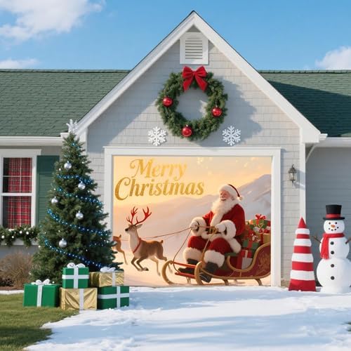 Christmas Garage Door Banner Cover – Santa Claus Sleigh & Reindeer Outdoor Holiday Mural, Large Waterproof Reusable Xmas Garage Decoration Backdrop for Party Décor, 8 x 7ft/2.4 x 2.1m - Image 3