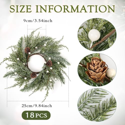 18 PCS Christmas Wreath Christmas Kitchen Cabinet Wreaths with Burlap Ribbon Mini Wreath Pine Garland Frosted Cedar Pine Cone Hanging Garlands Candle Rings for Front Door Window Chair Wall - Image 2