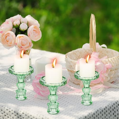 Suclain 24 Pcs Glass Candle Holder Set 12 Candlestick White Candles,Green - Image 3