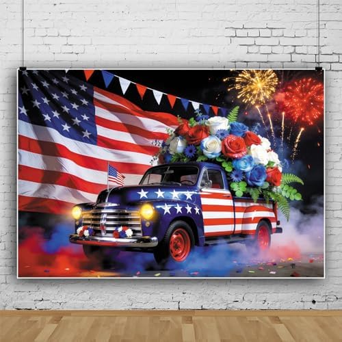 12x8ft 4Th of July Backdrop Car Colorful Flowers Independence Day Us Flag Decorations Background Memorial Veterans Day Newborn Party Birthday Party Banner Photo Booth - Image 2