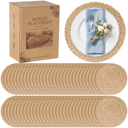 60 Pack 12IN Round Woven Placemats, Natural Bulrush Boho Farmhouse Mats by COSINIA