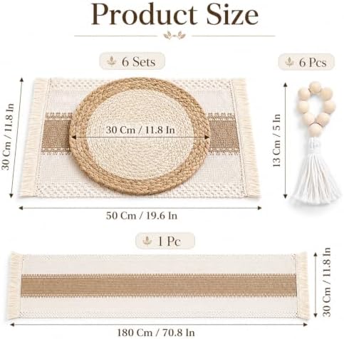 Boho Woven Placemats, Charger Plates Table Runner and Napkin Ring Set of 6 - Image 2