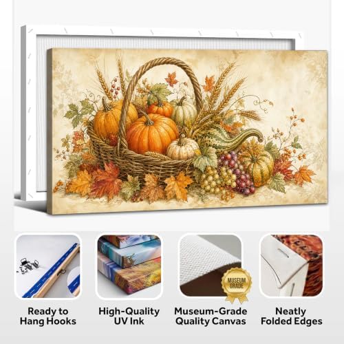 WAXWHELK Fall Canvas Wall Art, Rustic Farmhouse Pumpkin Harvest Basket Painting Pictures for Autumn Thanksgiving Home Decor, Living Room Bedroom Wall Artwork, (16"x32") - Image 6