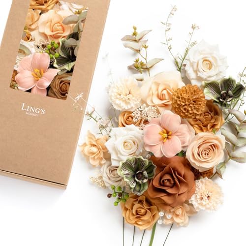 Ling's moment Fake Flowers Box, Faux Artificial Greenery Stems Foam Roses Dahlia Gardenia Tulip Silk Carnation Fabic Flower for Centerpieces Bouquet Wedding Vase, Apricot & Peach, Deluxe Combo by LingsMoment