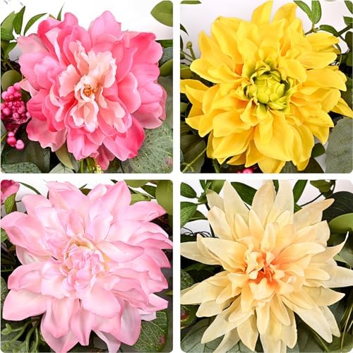 Waipfaru 2Pcs Summer Wreaths Easter Wreath, Spring Wreaths for Front Door Outside, Large Front Door Wreath with Peony Dahlia Rose Flower Green Eucalyptus Leaves Farmhouse Outdoor Porch Decor - Image 3