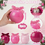 Hollowfly 9 Pcs 4 Inch Pink Glass Christmas Ornaments with Velvet Bow - Image 3