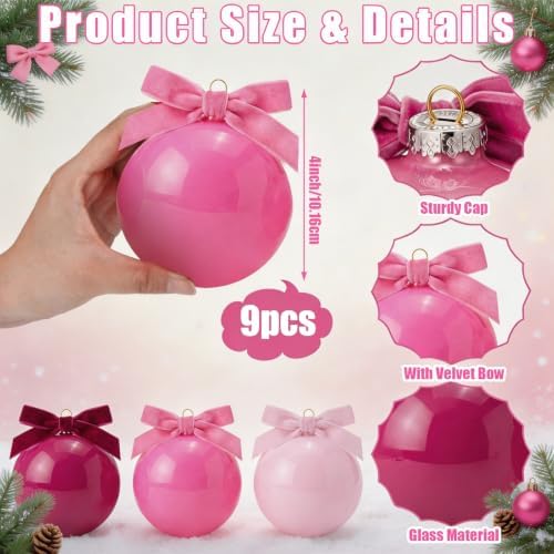 Hollowfly 9 Pcs 4 Inch Pink Glass Christmas Ornaments with Velvet Bow - Image 3
