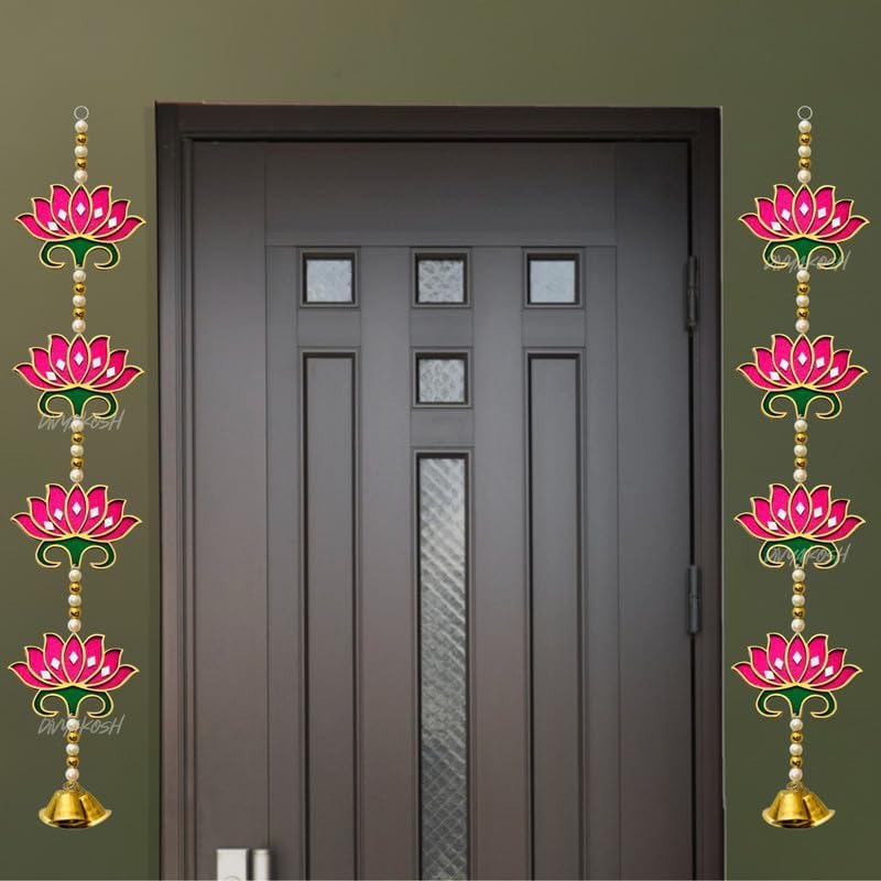 Divyakosh Door Hangings for Home | 4 Pink Latkans, Size - 24 Inch Each | Temple & Pooja Decoration Items, Lotus with Bell Hanging - Image 5