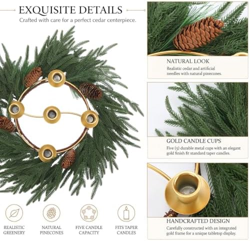 Yinder Norfolk Pine & Pinecone Wreath 14" 5-Hole Gold Centerpiece - Image 6