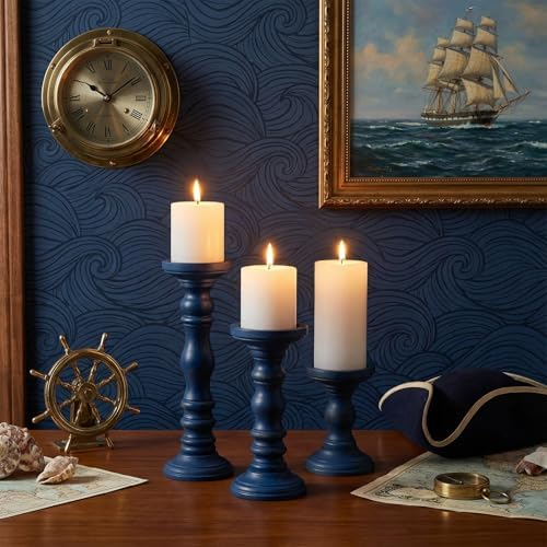Set of 3 Wood Pillar Candle Holder Farmhouse Decor, Navy Blue - Image 4