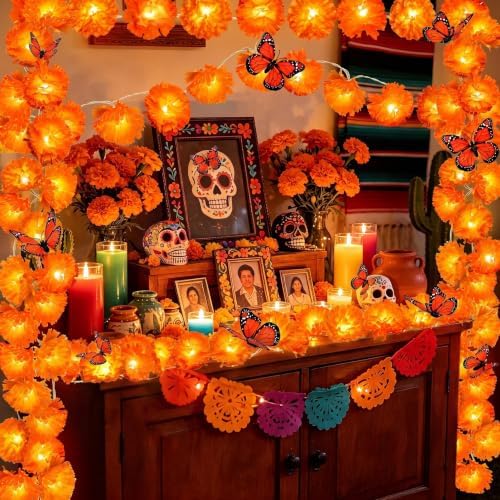 2 Pack Marigold Garland Lights, Dia De Los Muertos Decorations Altar Kit - Image 4