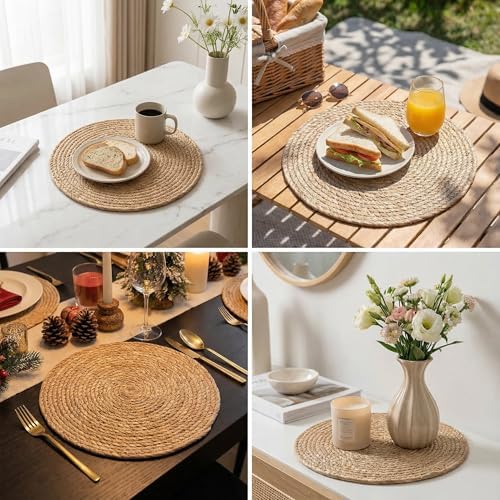 13 Inch Round Woven Placemats Set of 6, Natural Banana Leaf Charger Plates - Image 6