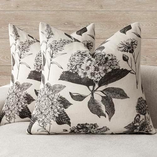 Foindtower Set of 2 Linen Floral Vintage Throw Pillow Covers Neutral Accent Print Decorative Cushion Covers Farmhouse Boho Home Decor for Sofa Chair Couch Bedroom Living Room,20×20 Inch,Black by Foindtower