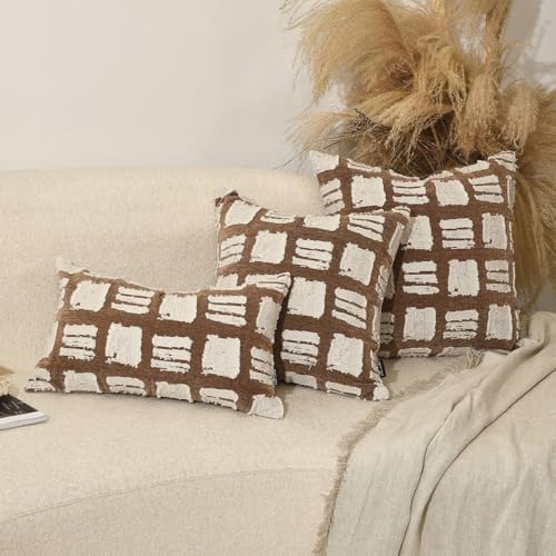 Decorative Boho Body Pillow Cover 14x24, Brown White Abstract Grid Lumbar Pillow Covers, Farmhouse Pillows Cushion Cover for Bed Sofa Bedroom Living Room - Image 2