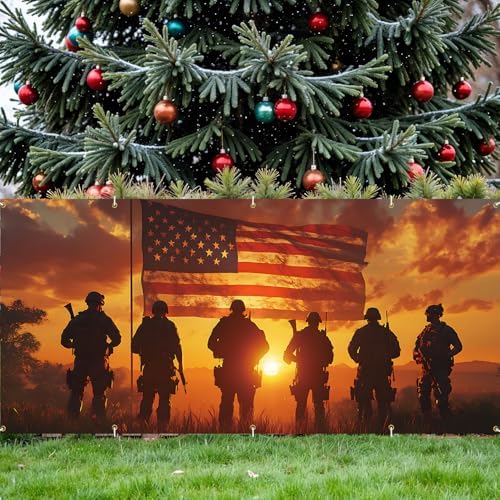 16x7Ft Patriotic American Soldier Silhouette Garage Door Decoration Flag, Military Tribute flag - Sunset USA Flag Themed Outdoor Decor - Image 4