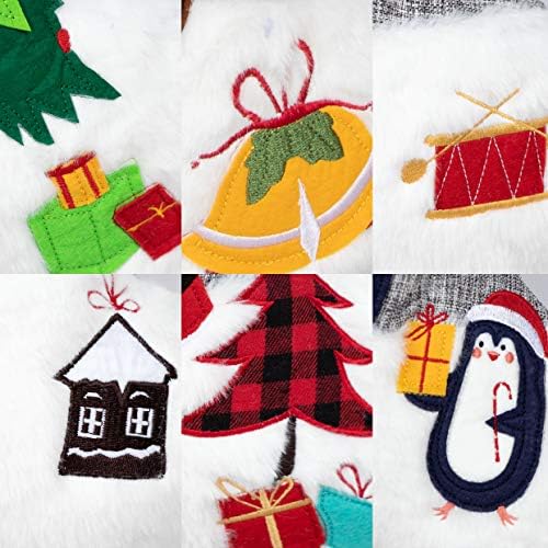 BHD BEAUTY Set of 6 Christmas Stockings Gray Burlap Buffalo Red Plaid Soft Faux Fur 20 Inches Lovely Embroidery Pattern for Family Decorations Hanging Ornament for Xmas Holiday Party - Image 5