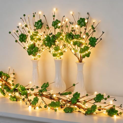 Zeyune 6 ft St. Patrick's Day Garland with Lights Green Shamrock String Lights Artificial St. Patrick's Day Clover Wreath Decorations for Home Mantel Table Wall Irish Party Decor by Zeyune