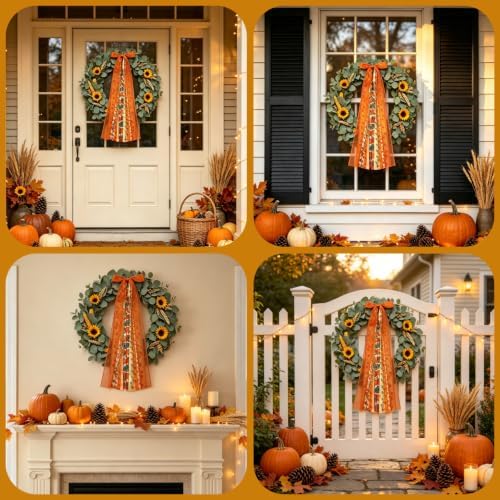 Fall Wreath Sash for Front Door, 2Pcs Orange Maple Leaves Assorted Ribbon Bow, Large Fall Clip-On Wreaths Ribbon Bundle for Thanksgiving Autumn Party Decor - Image 3