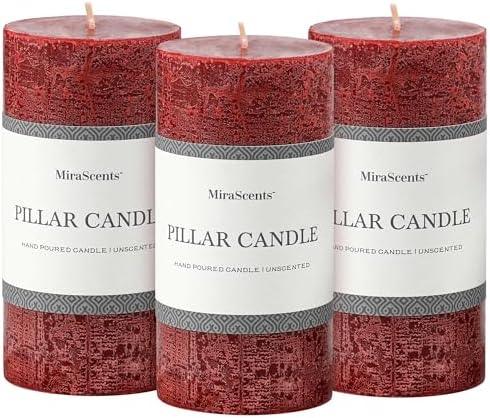 3x6 Inch Burgundy Pillar Candles Set of 3 - Hand-Poured Unscented Candles, Long Clean Burning, Dark Red Pillar Candle, Smokeless Dripless Candle for Dinner Table, Wedding, Home, Rustic Decor by MiraScents