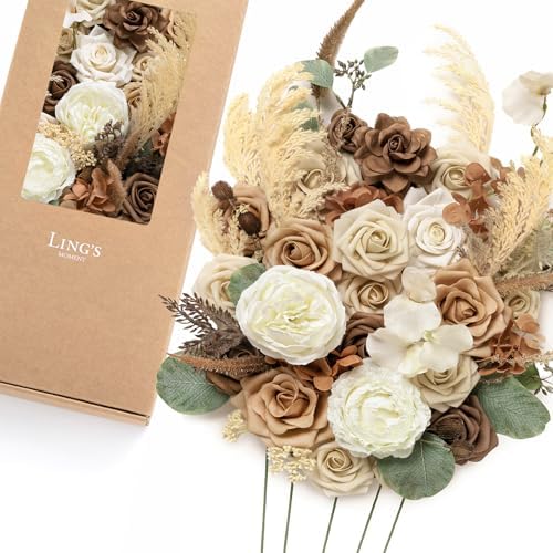 Ling's moment Artificial Wedding Flowers Deluxe Combo, Brown & Tawny Beige by LingsMoment