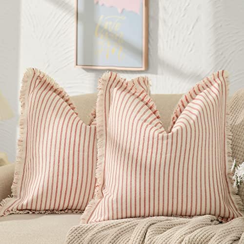 ZWJD Red Throw Pillow Covers 22x22 Set of 2 Striped Pillow Covers with Fringe Chic Cotton Decorative Pillows Square Cushion Covers for Sofa Couch Bed Living Room Farmhouse Decor by ZWJD