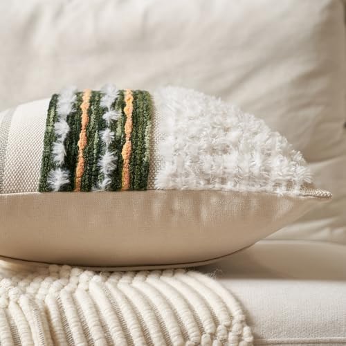 Aeckself Boho Chenille Tufted Throw Pillow Covers 18x18 Inch Set of 2, Farmhouse Decorative Striped Square Pillow Covers Accent Neutral Pillowcase for Living Room Couch Bed, Green - Image 3