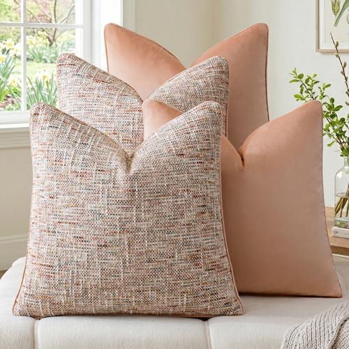a moment Light Pink 4 Pack Throw Pillow Covers - Chenille & Velvet Set with Piping, Farmhouse Textured Design Pillow Cases for Couch Sofa Bed Livingroom (18x18 Inch, No Insert) by amoment