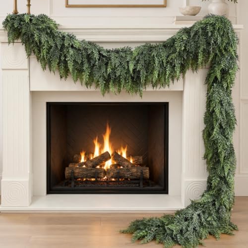 9FT Thick Christmas Garland with 240 Cedar Branches, Real Touch Green Cedar Garland for Christmas Decorations, Artificial Greenery Garland for Table, Mantle, Wall, Indoor, Outdoor Holiday Decor by FAJUNZH