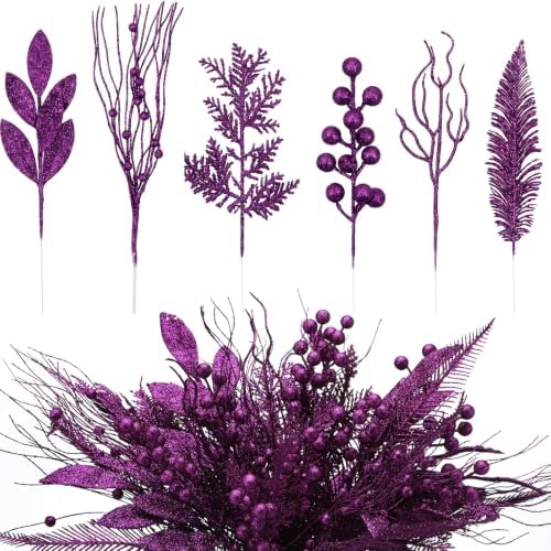 Purple 66 Pcs Christmas Glitter Picks and Sprays, Xmas Artificial Floral Stems Branches Berry Leaf Pine for Tree Topper Wreath Garland Centerpiece Holiday Party Home Decor by Vertintong